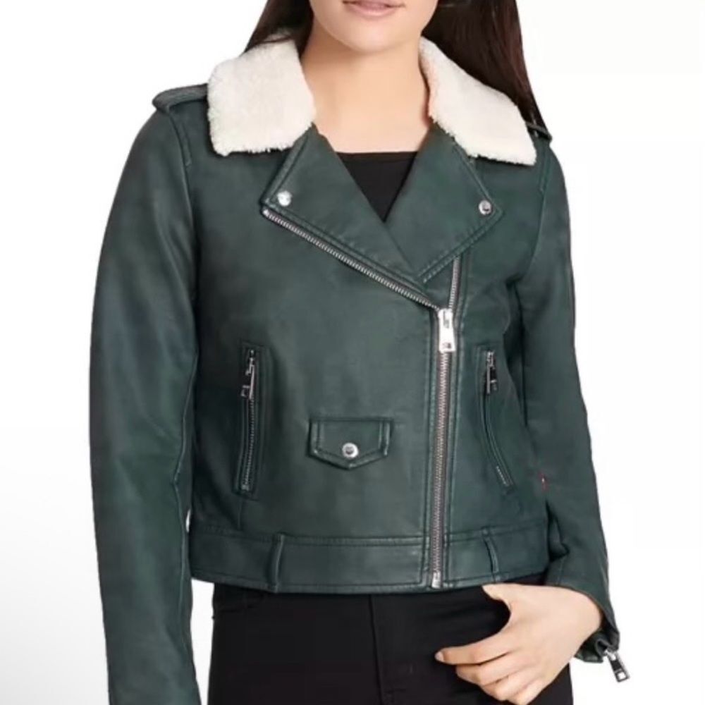 Levi's Dark Green Leather Jacket with Cream Collar